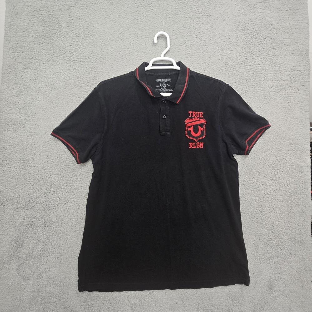 True Religion Men’s Black/Red Logo Polo Shirt M Regular Short Sleeve Button